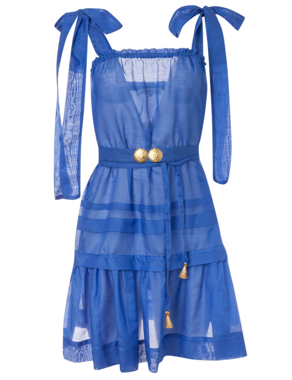 MYKONOS MINI STRAP DRESS WITH GOLDEN BUCKLES AND HANDMADE TASSELS