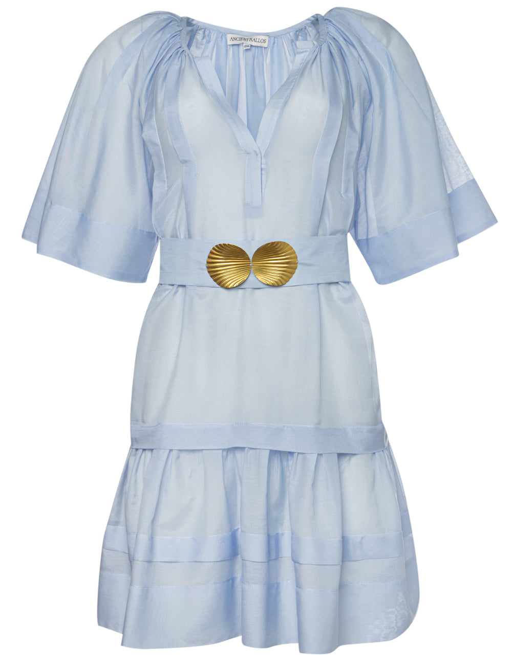 SYROS MINI DRESS WITH GOLDEN SHELL-BUCKLES AND HANDMADE TASSELS